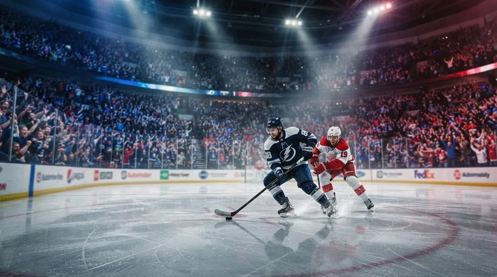 Two hockey players on open ice in a packed arena