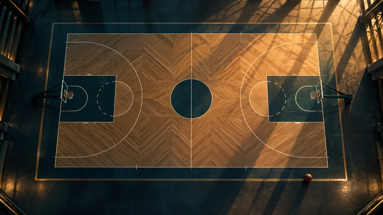 Illustrated overhead view of a basketball court